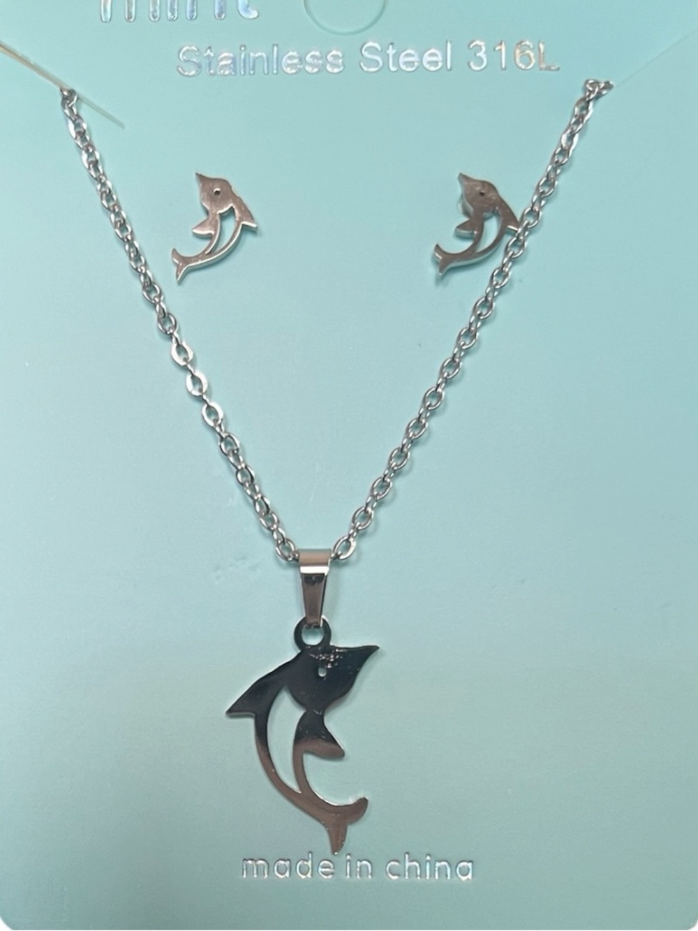 Stainless Steel Silver Tone Dolphin Pendant Necklace & Earrings Set - Picture 1 of 1